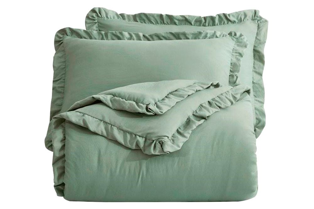 FaFurn King Size 3-Piece Oversized Ruffled Edge Comforter Set - Sage Green, Microfiber