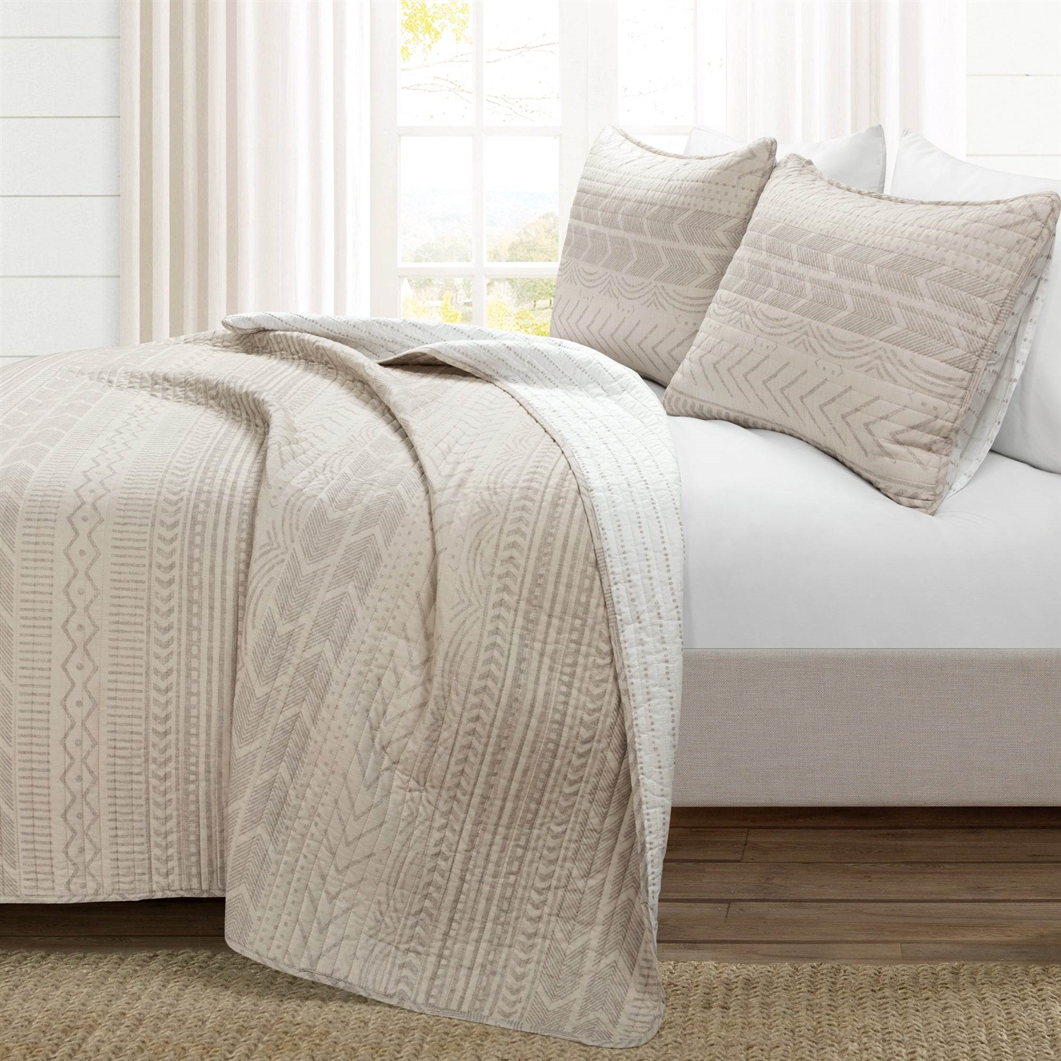 FaFurn King Size Scandinavian Reversible Quilt Set - Beige/Tan/White, Cotton