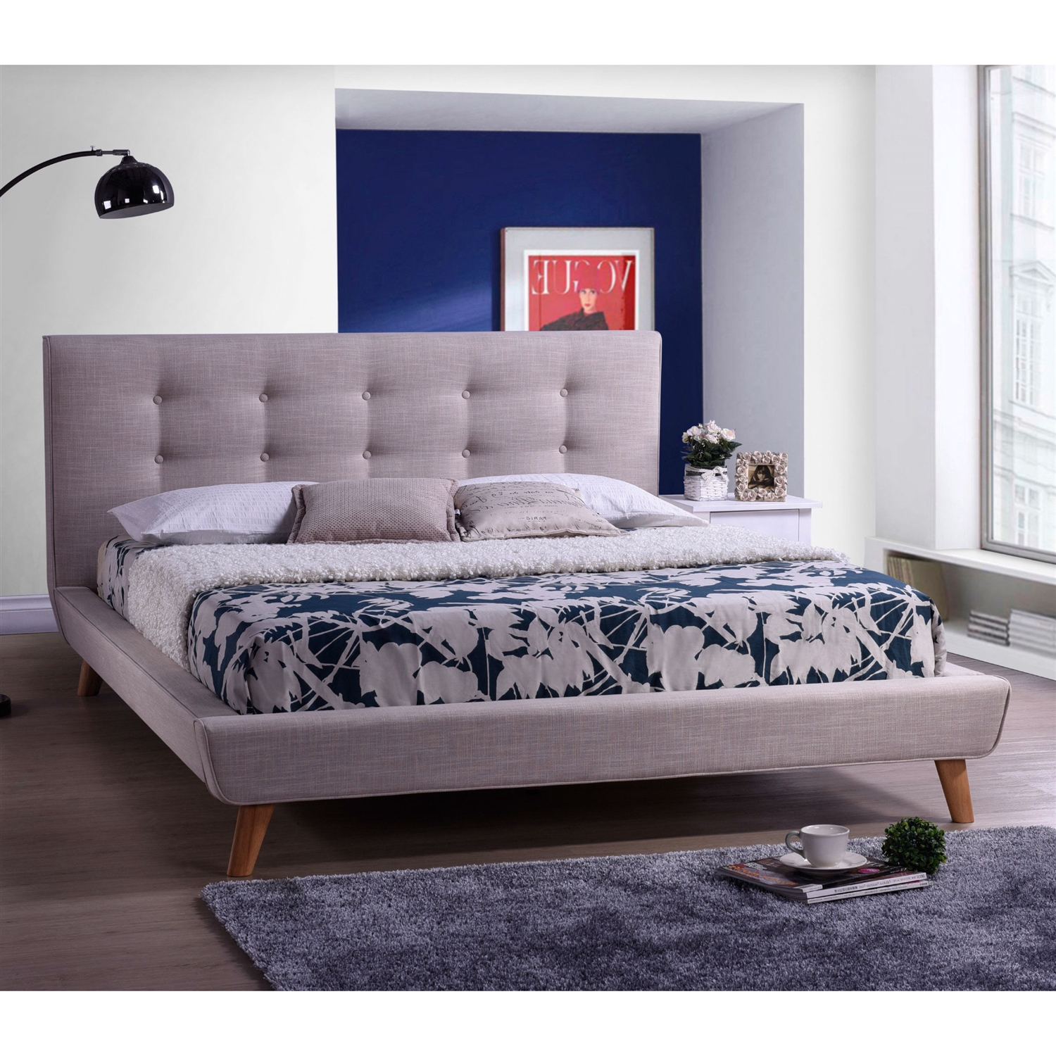 FaFurn Modern King Size Platform Bed Frame with Button Tufted Headboard - Beige, Linen