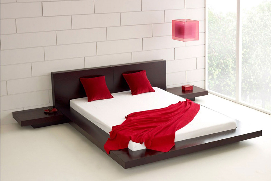 FaFurn - Modern Japanese Style Platform Bed with Headboard and 2 Nightstands