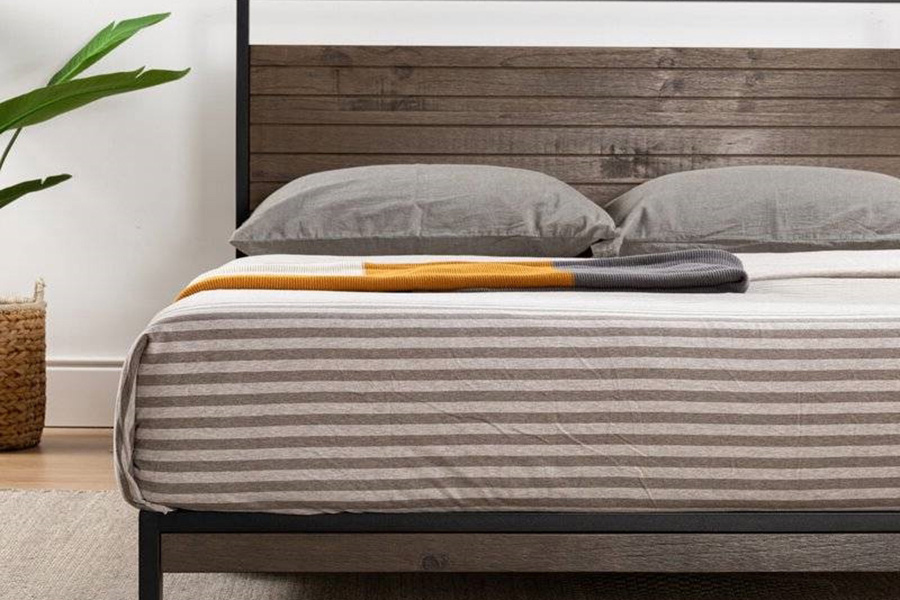 FaFurn - King Size Modern Metal Wood Platform Bed Frame with Headboard in Gray