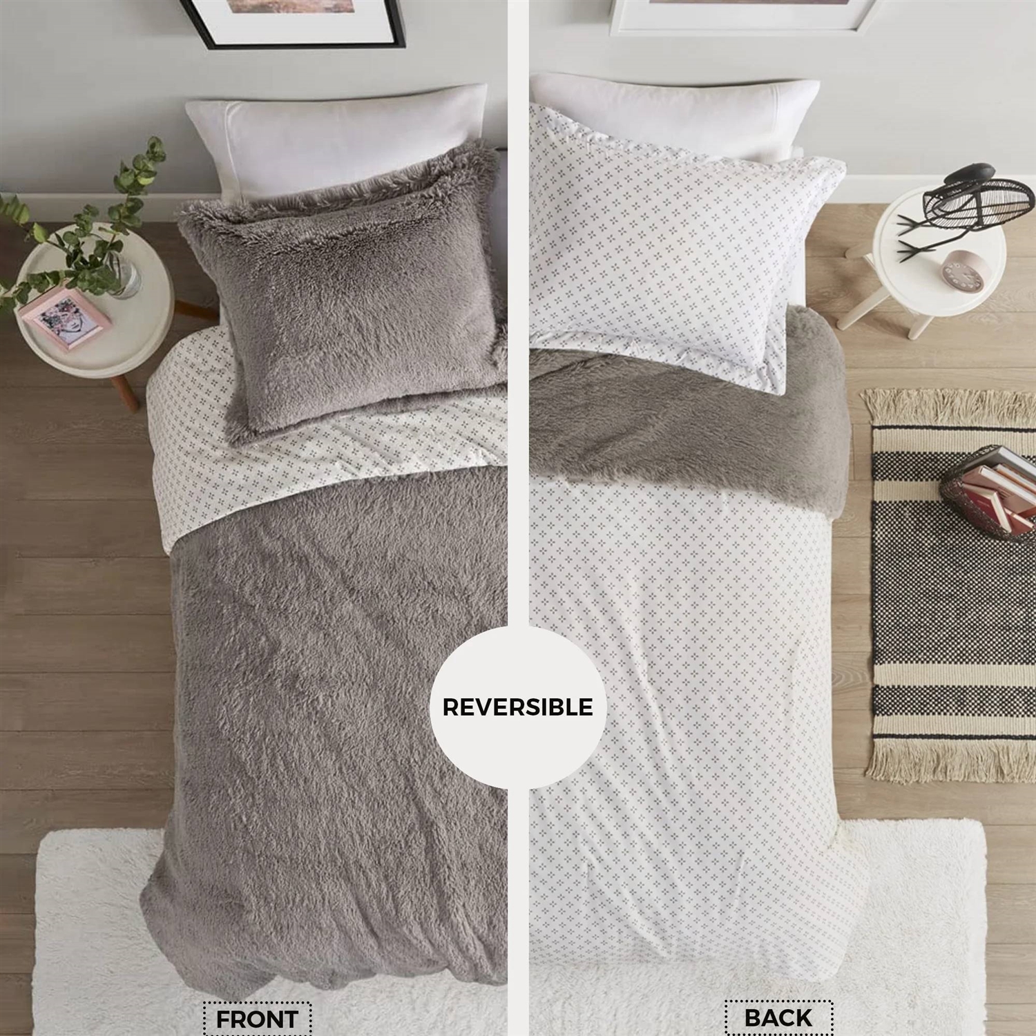 FaFurn 3-Piece Reversible King/Cal Size Comforter Set - Gray, Soft Sherpa Faux Fur