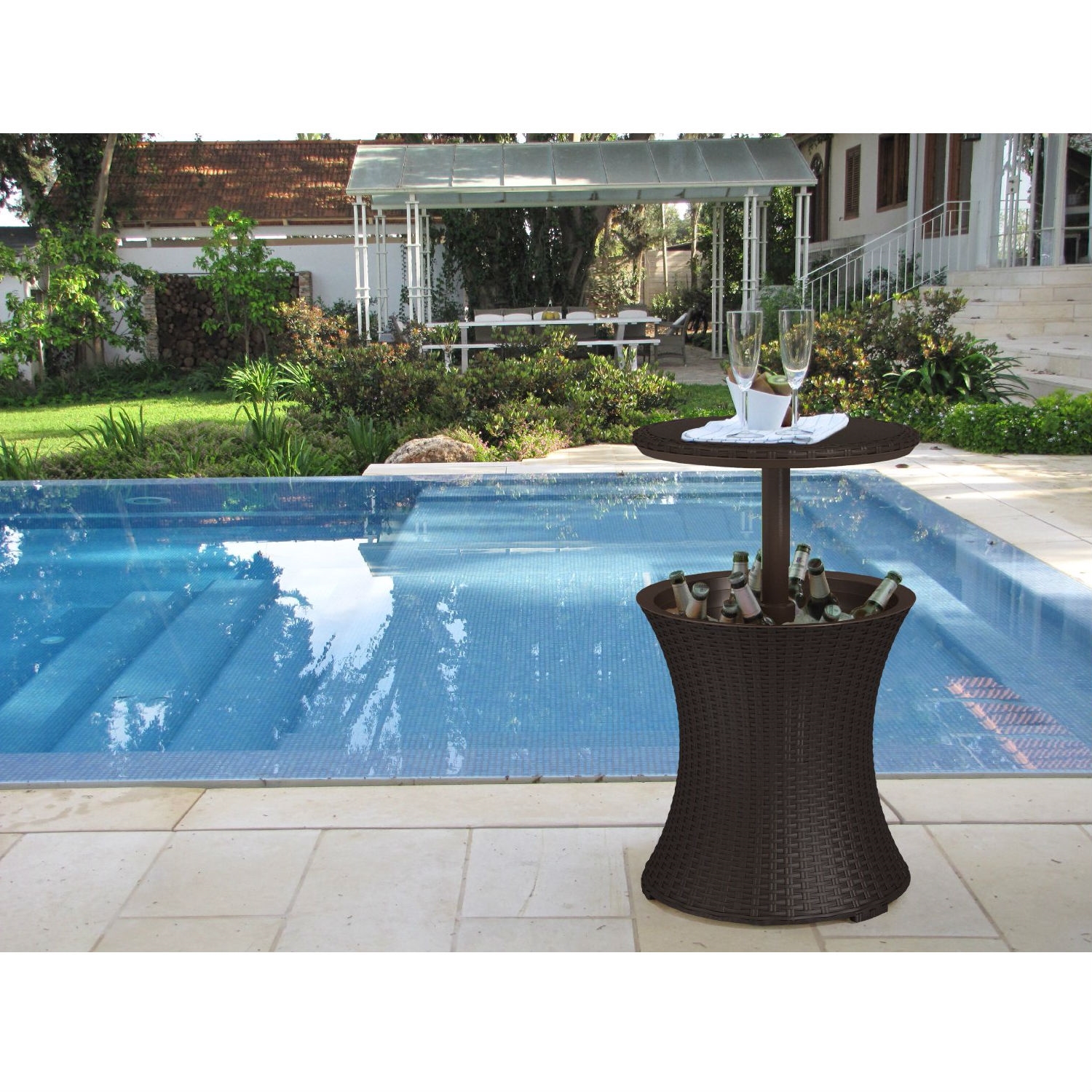 FaFurn - Patio Pool Cocktail Table in Brown, Wicker Resin