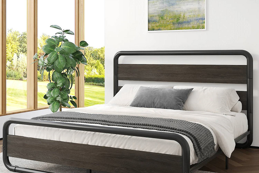 FaFurn - Heavy Duty Round Metal Frame Platform Bed with Wood Panel Headboard