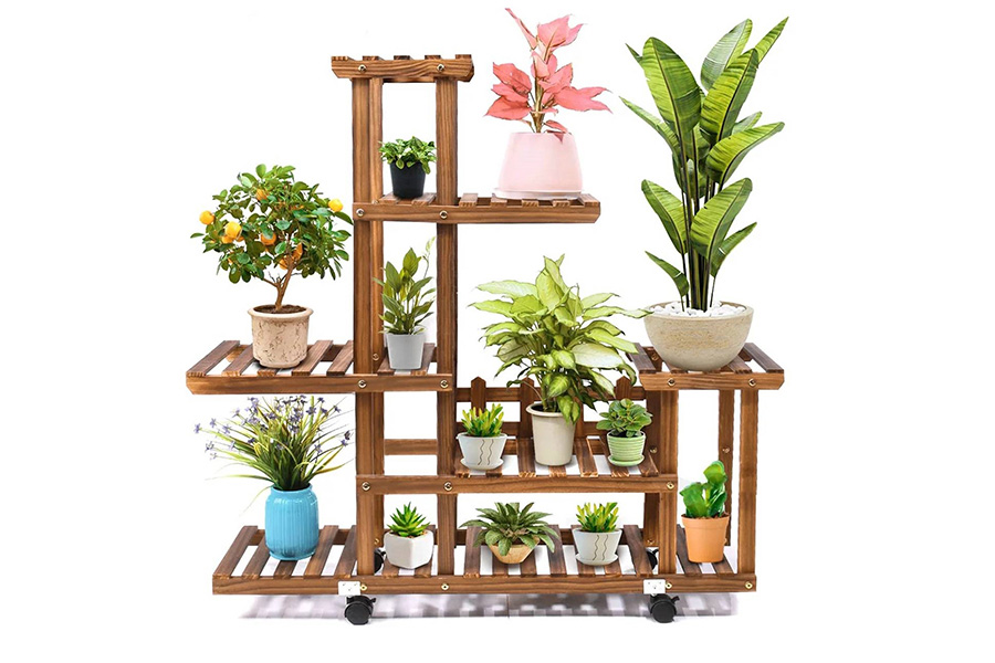 FaFurn - Indoor Outdoor Solid Wood 6-Tier Plant Stand Planter Cart On Wheels