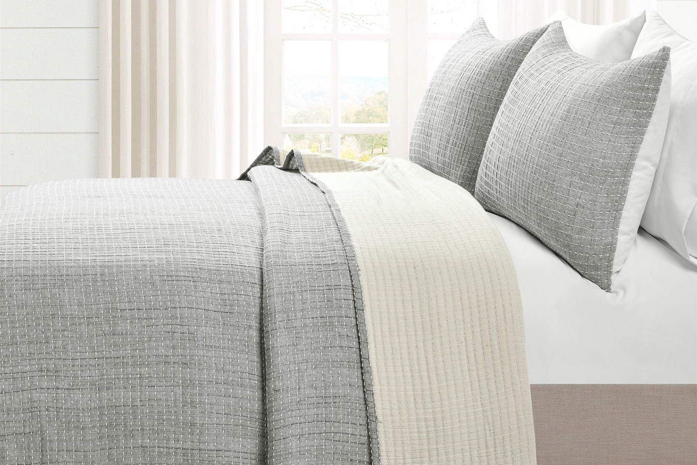 FaFurn King Size Reversible 3-Piece Coverlet Set - Gray/Cream, Cotton