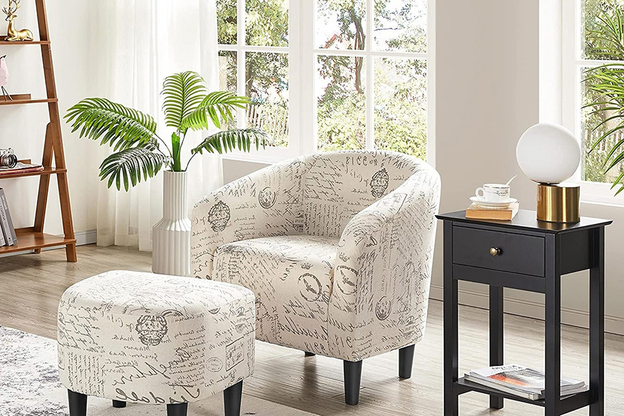 FaFurn™ - Letter Print French Upholstered Barrel Chair and Ottoman Set