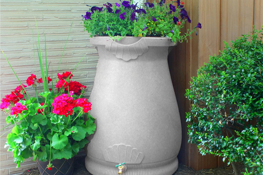 FaFurn 65 Gallon Plastic Urn Rain Barrel with Planter Top - Light Gray