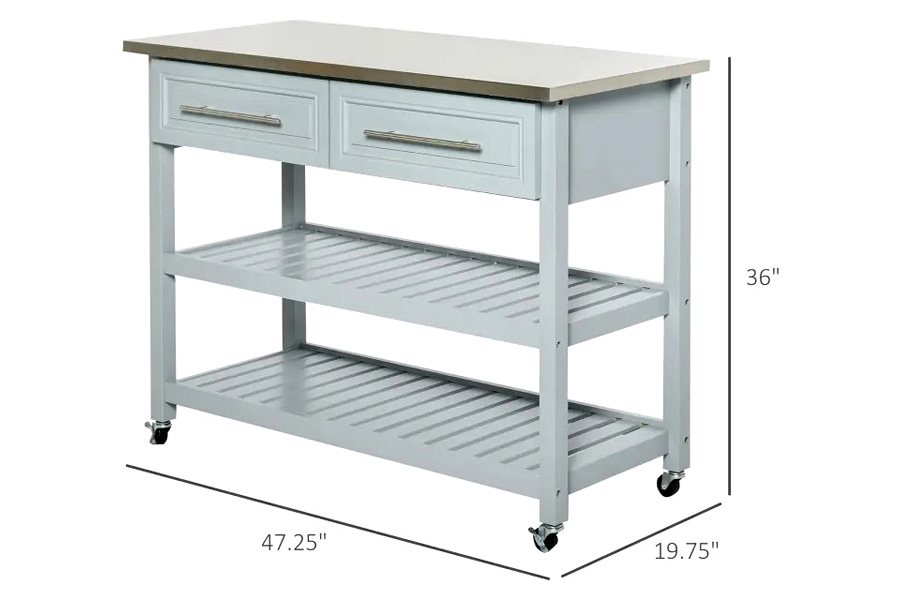 FaFurn Rolling Kitchen Island 2 Drawers Storage with Stainless Steel Top - Light Gray