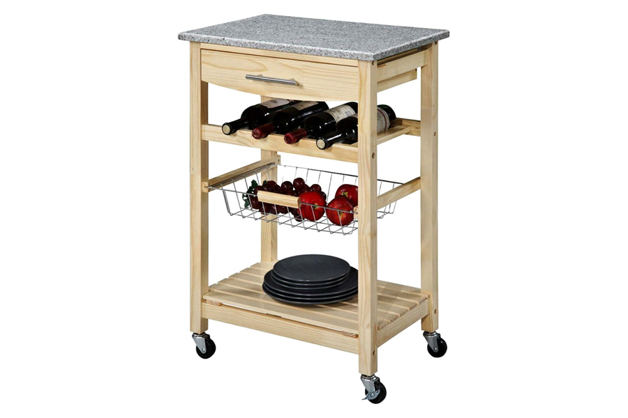 FaFurn - Natural Wood Finish Kitchen Island Cart with Granite Top