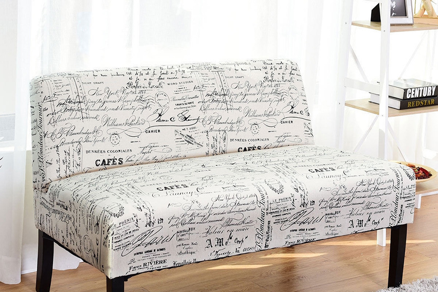 FaFurn Modern Loveseat Sofa with Off-White Cursive Pattern Upholstery and Black Wood Legs