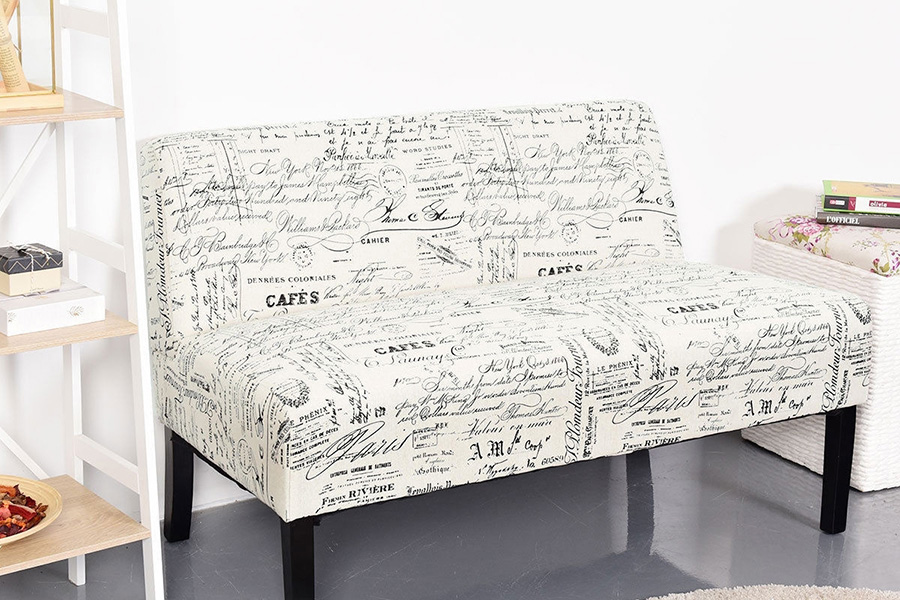 FaFurn Modern Loveseat Sofa with Off-White Cursive Pattern Upholstery and Black Wood Legs