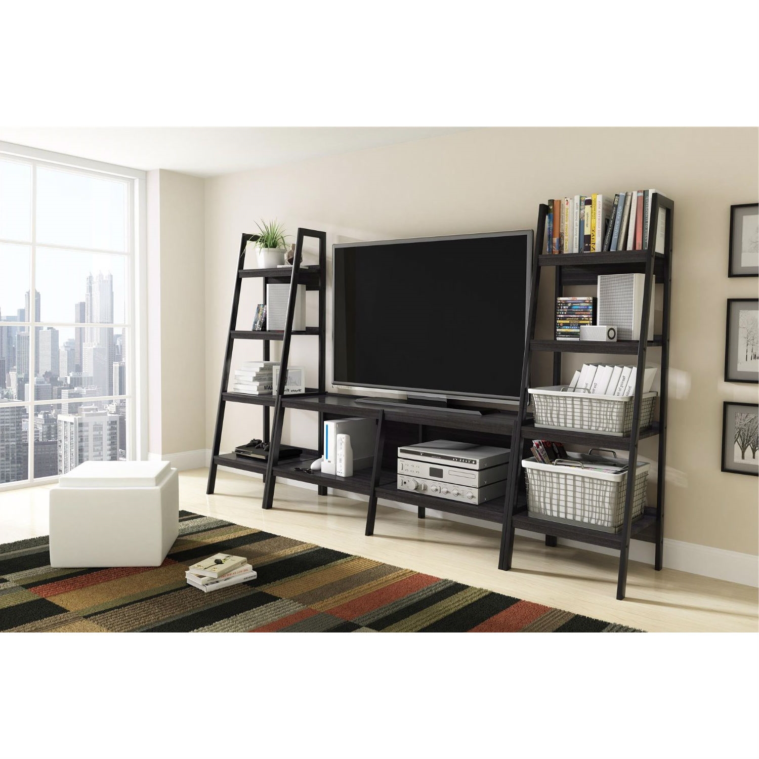 FaFurn - Set of 2 Modern 4-Shelf Bookcase in Black, Metal/Wood