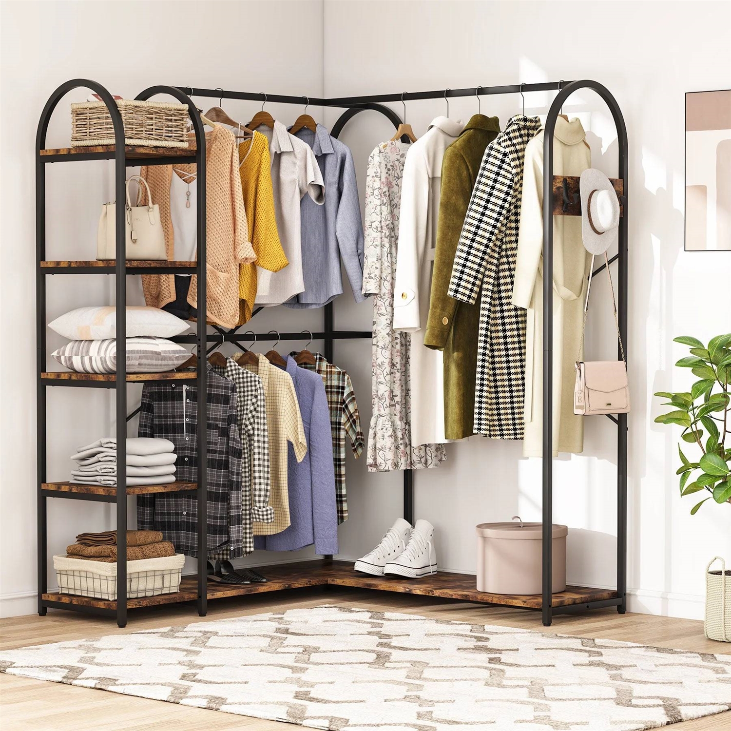 FaFurn - Garment Rack Clothes with Clothing Hanging Rods and Storage Shelves in Brown, Metal