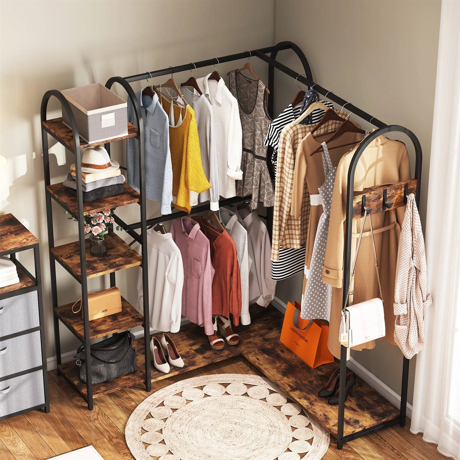 FaFurn - Garment Rack Clothes with Clothing Hanging Rods and Storage Shelves in Brown, Metal