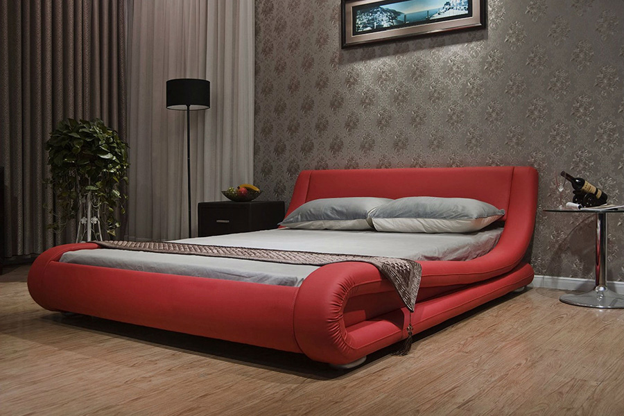 FaFurn Modern Faux Leather Upholstered Platform Bed with Curved Headboard - Red, King Size