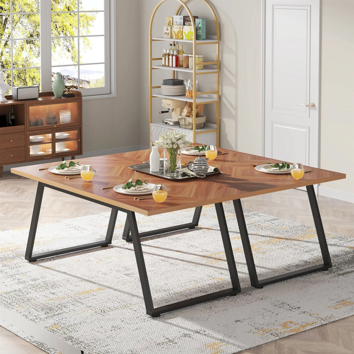 FaFurn Modern Rectangle Dining Table - Light Walnut, Metal Frame