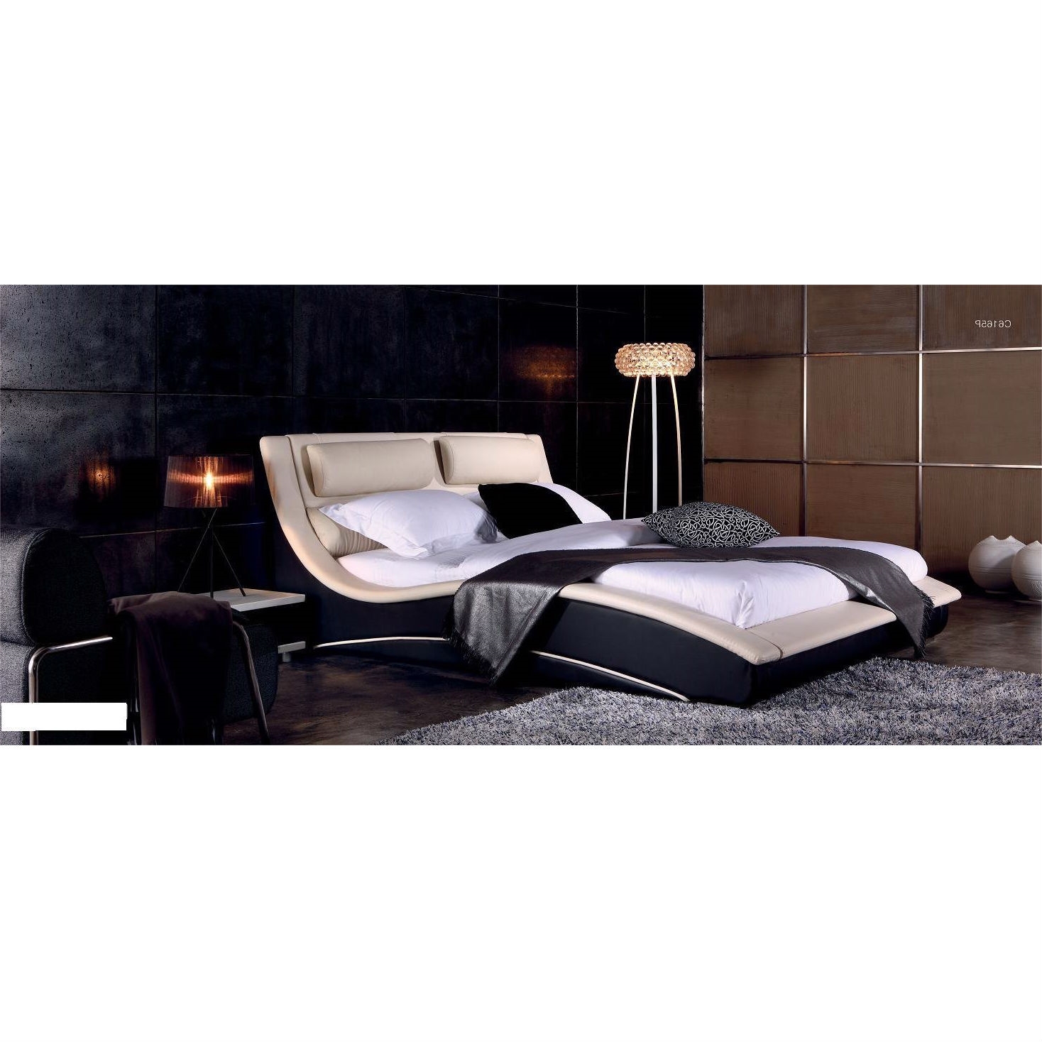 FaFurn - Modern Curvy Queen Size Platform Bed Frame with Headboard in Black, Leather