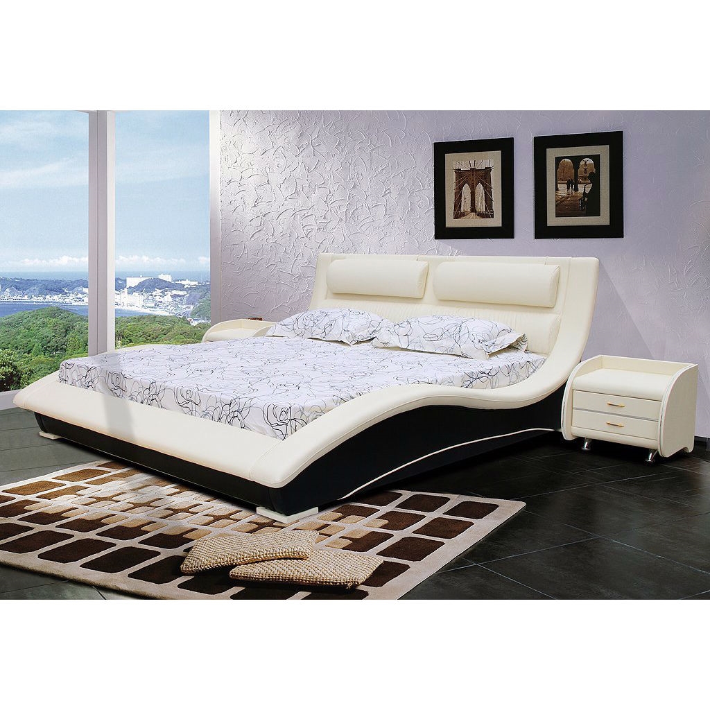 FaFurn - Modern Curvy Queen Size Platform Bed Frame with Headboard in Black, Leather