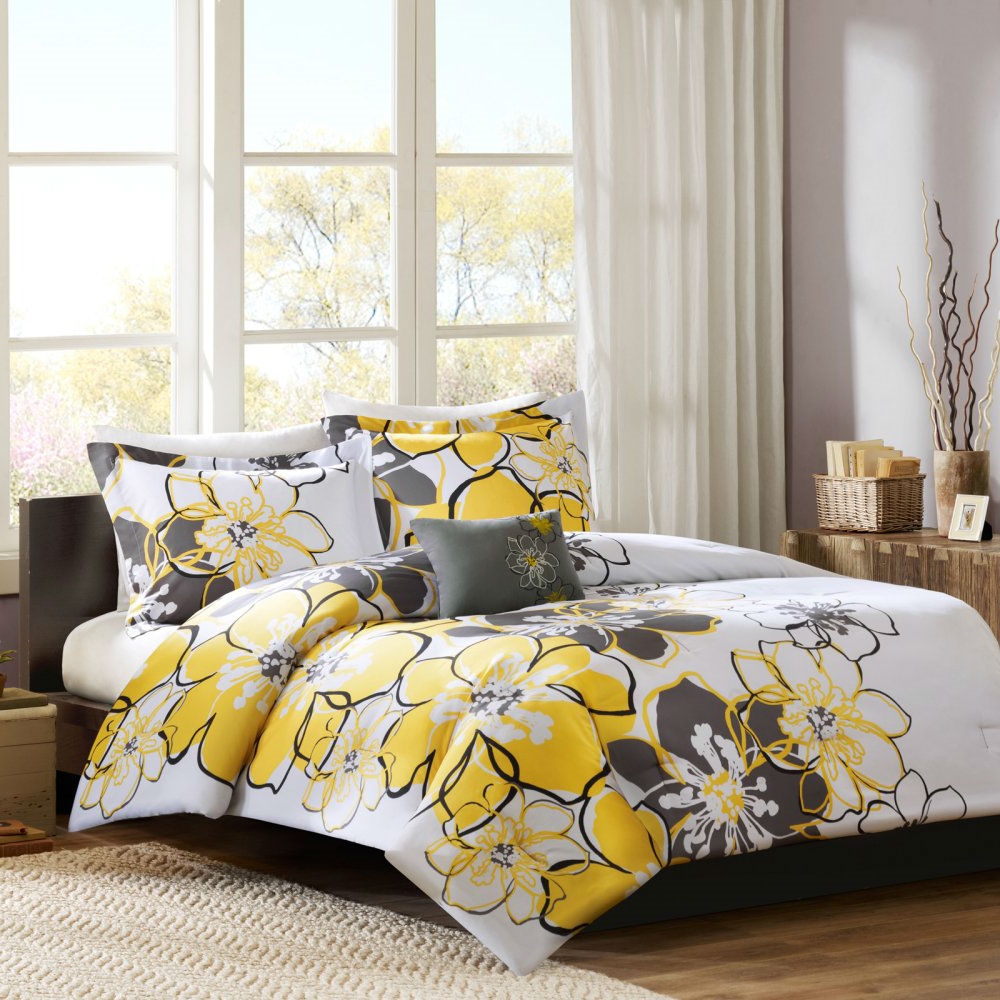 FaFurn - 4-Piece Queen Size Comforter Set with Floral Pattern in Yellow/Gray