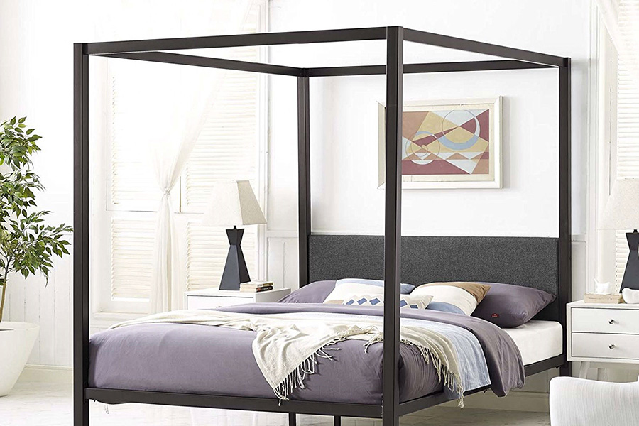 FaFurn Queen Size Metal Canopy Bed Frame with Gray Fabric Upholstered Headboard - Brown