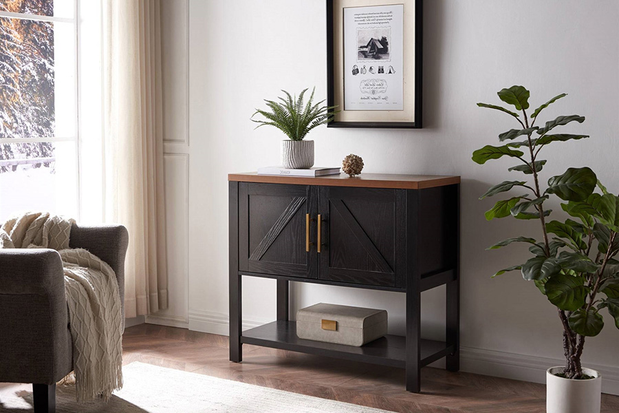 FaFurn Modern 2 Drawer Wooden Storage Console Table - Black/Walnut