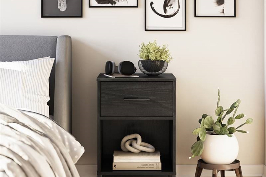 FaFurn - Modern 1-Drawer Bedroom Nightstand in Rustic Black Wood Finish with Metal Legs