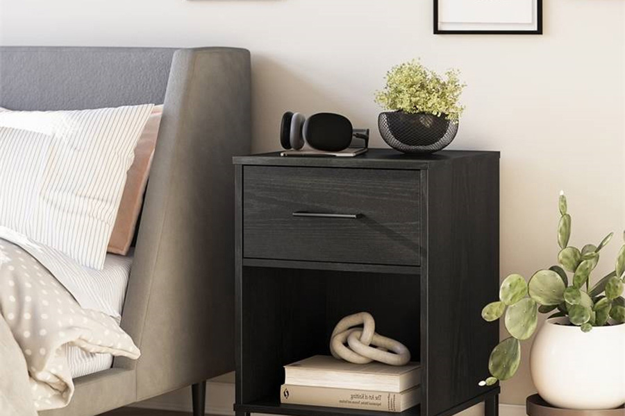 FaFurn - Modern 1-Drawer Bedroom Nightstand in Rustic Black Wood Finish with Metal Legs