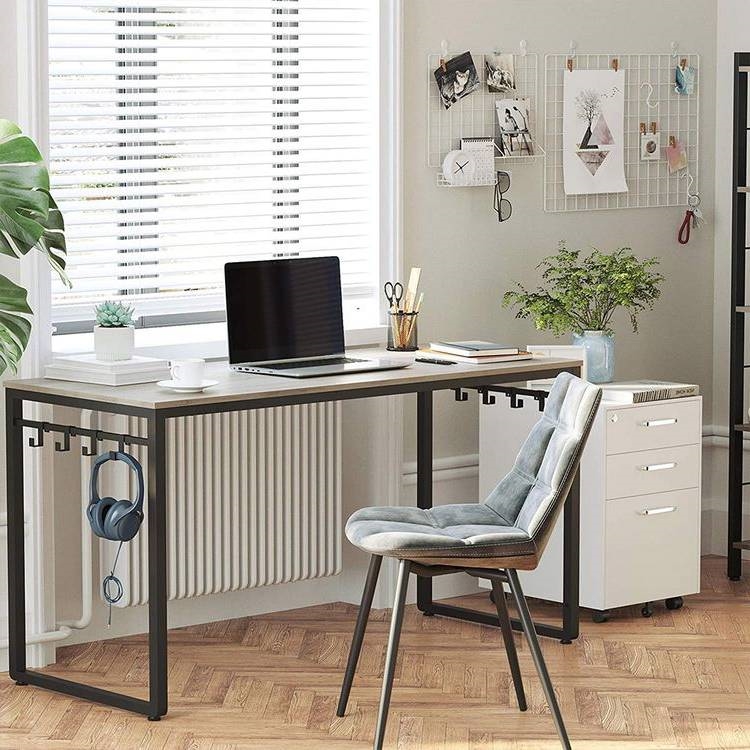 FaFurn - Modern Computer Desk with Hooks in Beige/Gray, Wood