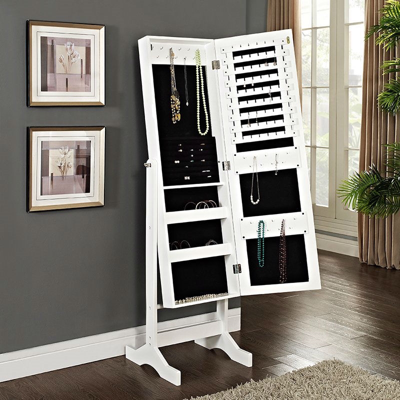 FaFurn - Modern Full Length Jewelry Armoire Mirror in Gloss White