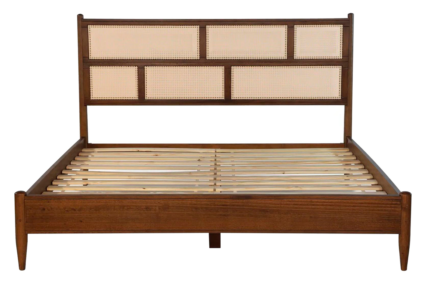 FaFurn King Size Platform Bed with Cane Paneling Headboard - Walnut, Wood