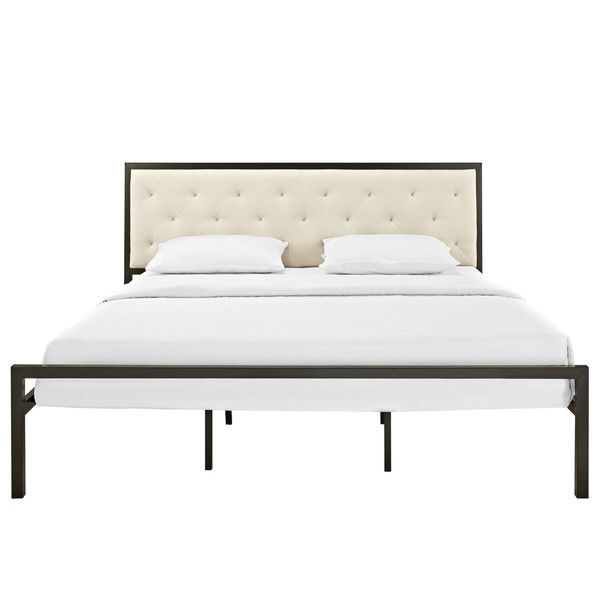 FaFurn - Modern King Size Platform Bed Frame with Upholstered Headboard in Beige, Metal