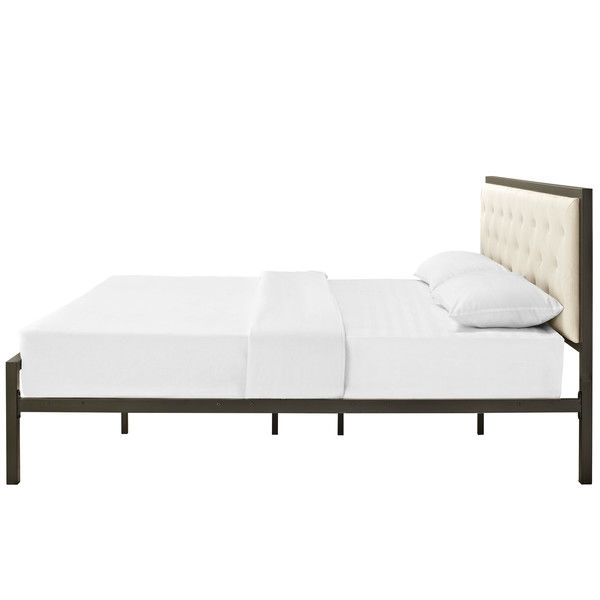 FaFurn - Modern King Size Platform Bed Frame with Upholstered Headboard in Beige, Metal