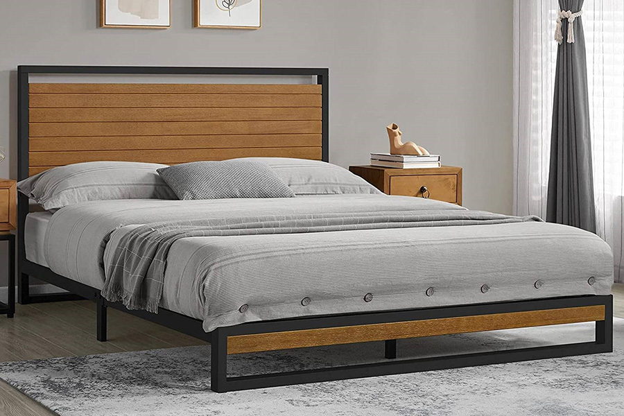 FaFurn - Modern Metal Platform Bed Frame with Wood Slatted Headboard