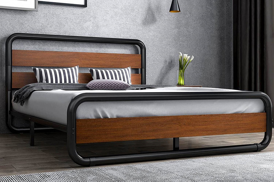 FaFurn - Heavy Duty Round Metal Frame Platform Bed with Wood Panel Headboard