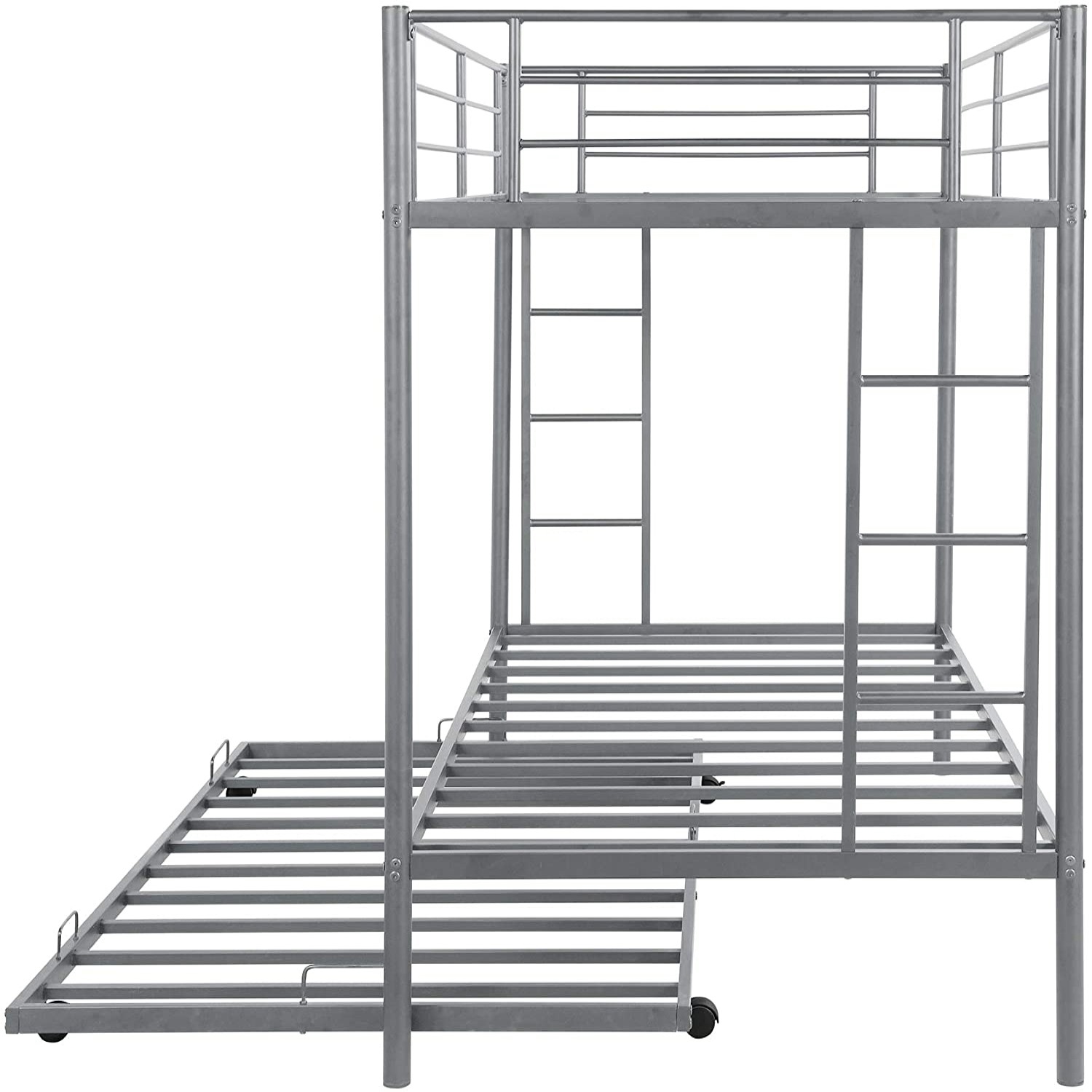 FaFurn - Twin Size Bunk Bed with Roll-Out Trundle Bed Frame in Silver, Metal