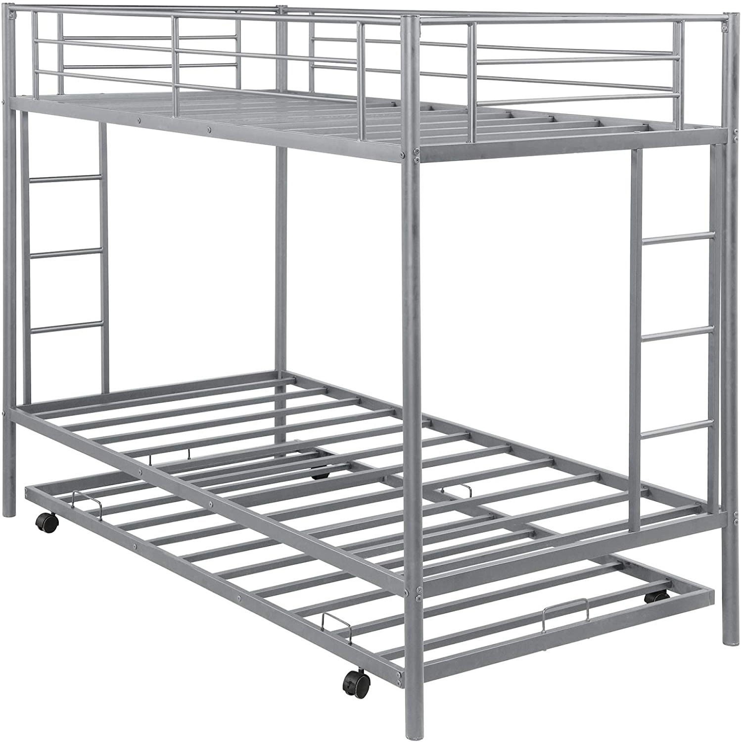 FaFurn - Twin Size Bunk Bed with Roll-Out Trundle Bed Frame in Silver, Metal