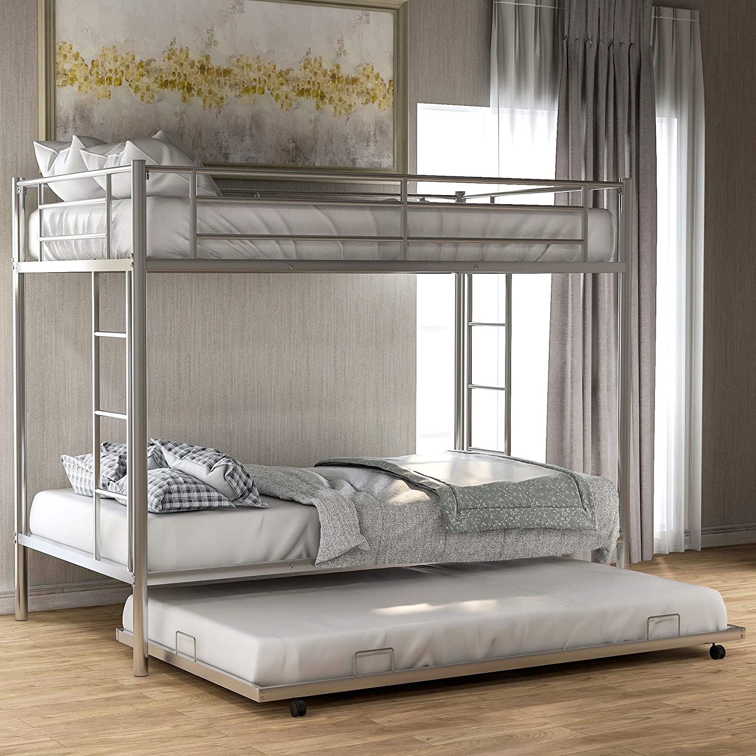 FaFurn - Twin Size Bunk Bed with Roll-Out Trundle Bed Frame in Silver, Metal