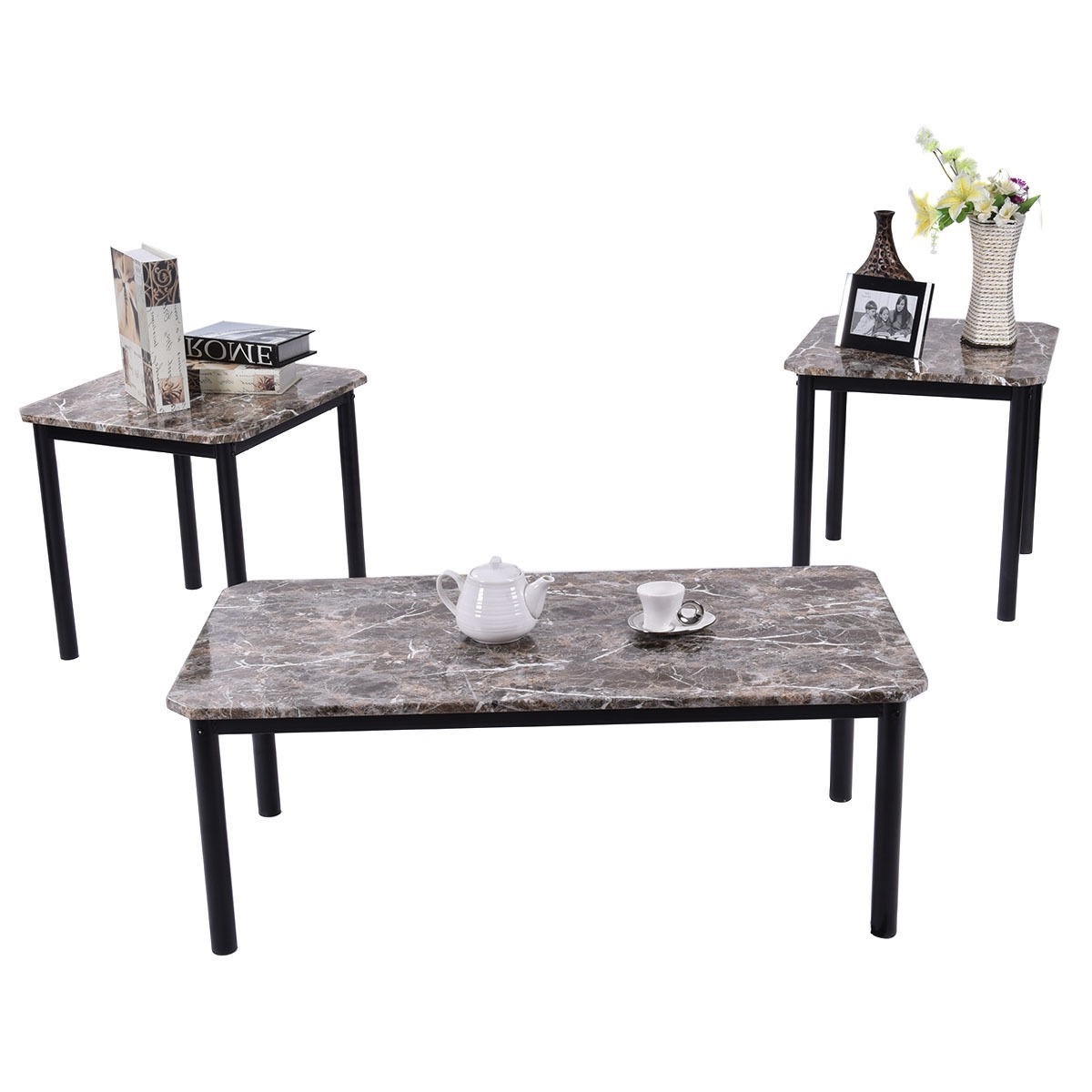 FaFurn - 3-Piece Coffee Table and End Table Set with Faux Marble Top in Marble