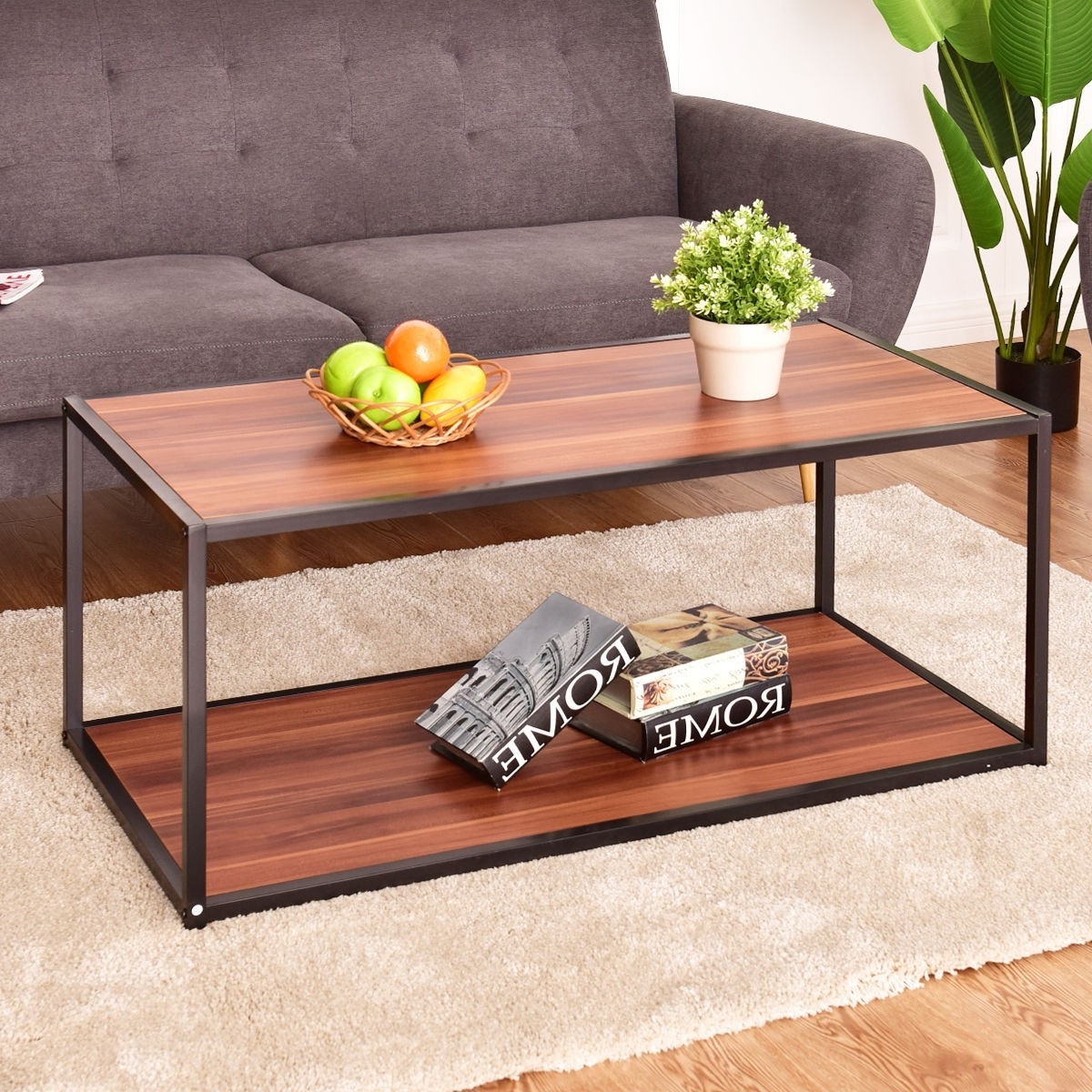 FaFurn™ Modern Coffee Table with Bottom Shelf - Walnut/Brown, Wood