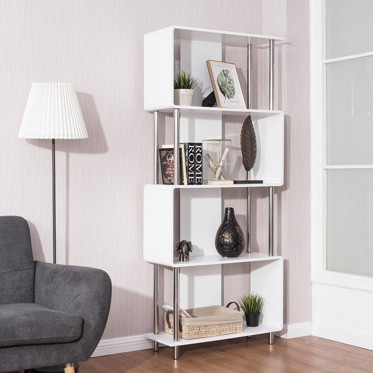 FaFurn Modern 4-Shelf Bookcase - White, Wood