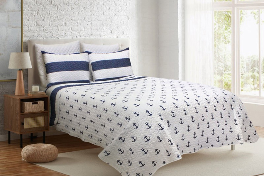 FaFurn 3 Piece Nautical Stripped/Anchors Reversible Microfiber Quilt Set - Navy, Full/Queen Size