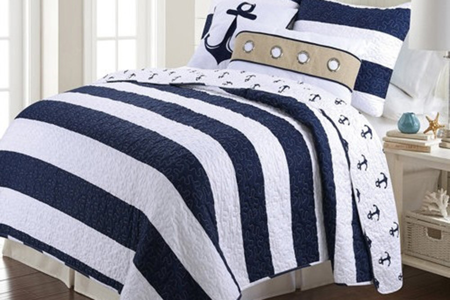 FaFurn - 3 Piece Nautical Stripped/Anchors Reversible Microfiber Quilt Set