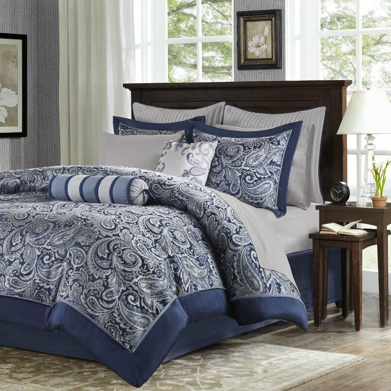 FaFurn 12-Piece King Size Comforter Set - Navy Blue/White