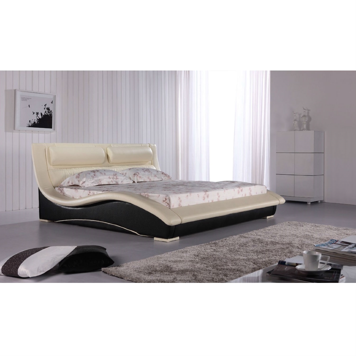 FaFurn - Cal/King Size Platform Bed Frame with Headboard in Black, Leather