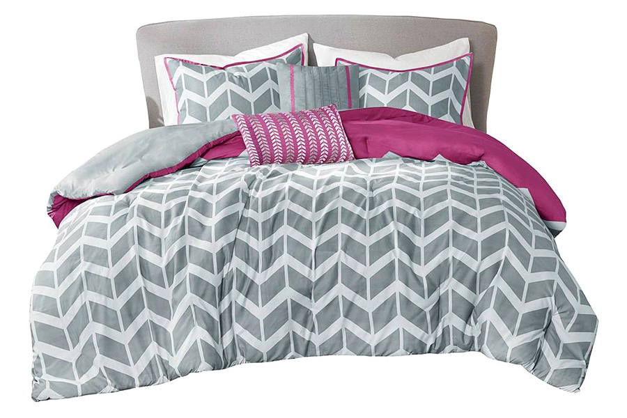 FaFurn Reversible Comforter Set with Chevron Stripe - Gray/White/Purple, Full/Queen Size