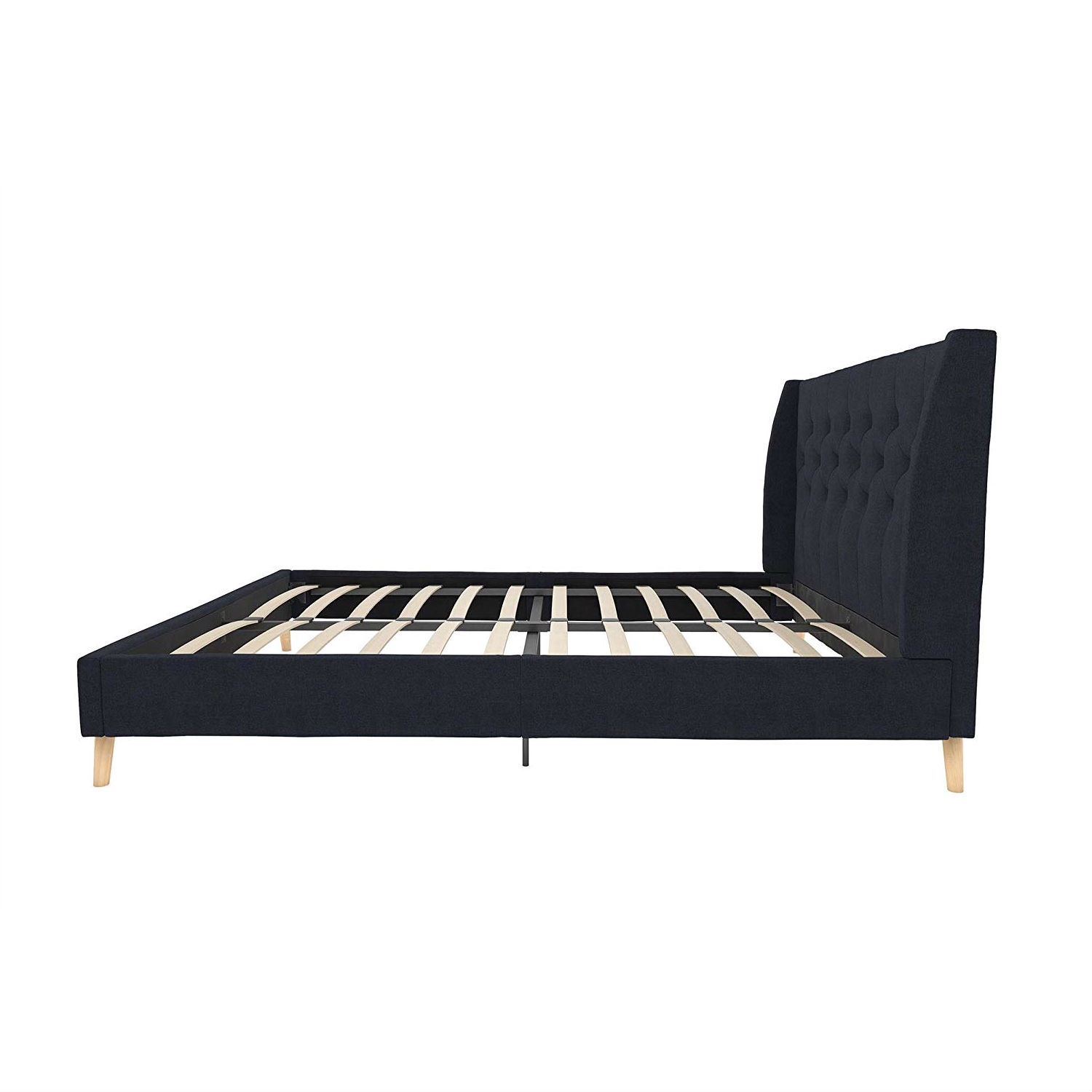 FaFurn Queen Size Platform Bed Frame with Wingback Headboard - Navy Blue