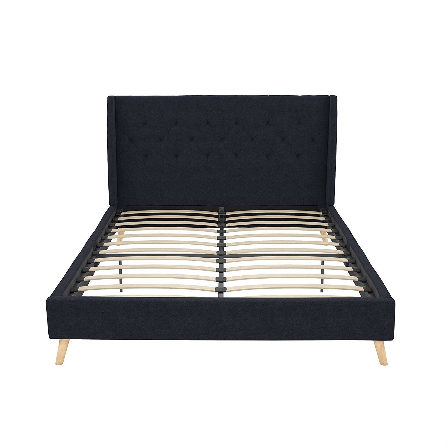 FaFurn Queen Size Platform Bed Frame with Wingback Headboard - Navy Blue