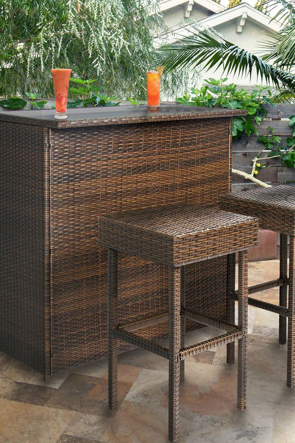 FaFurn - Outdoor 3-Piece Pe Wicker Bar Set with Table and Stools