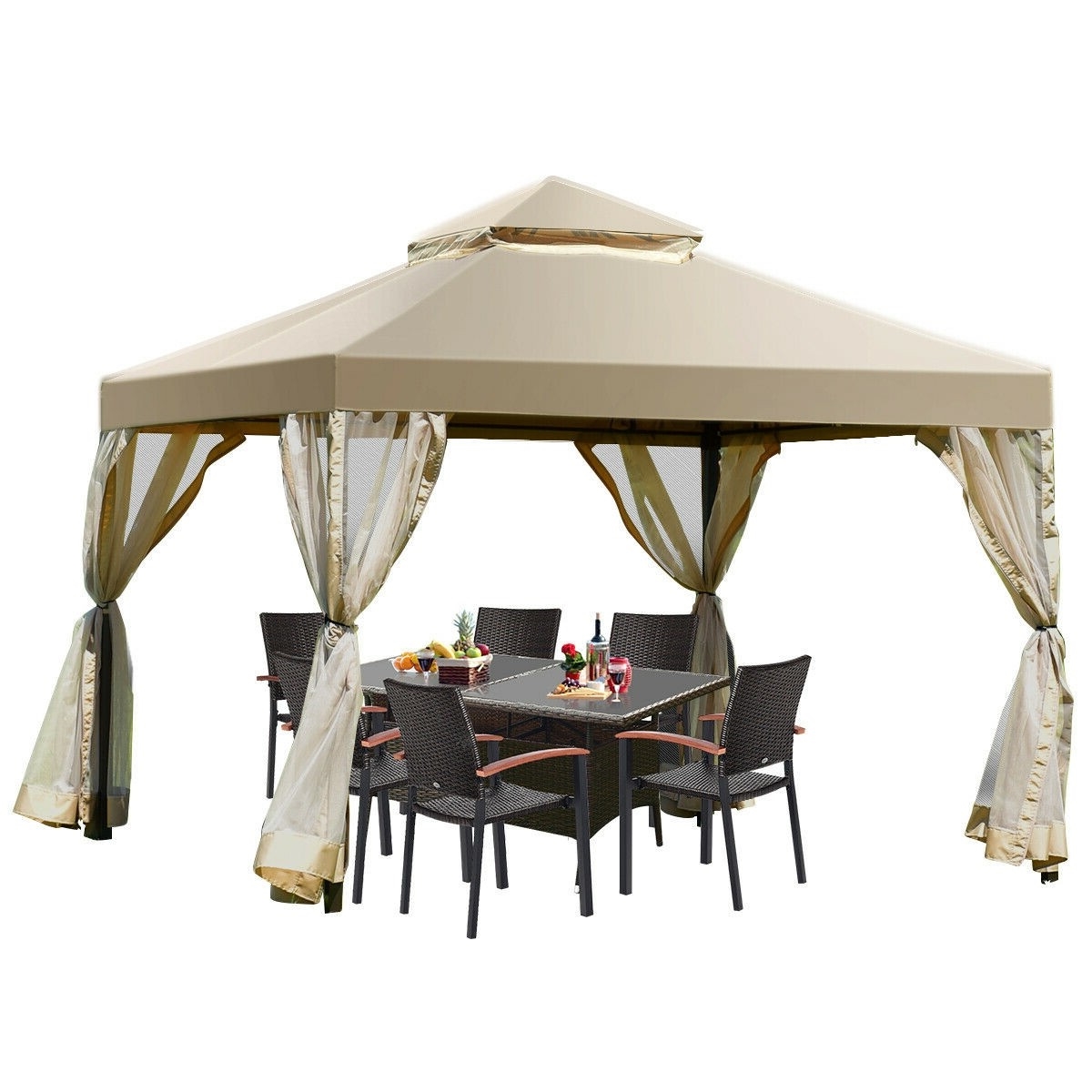 FaFurn - Gazebo with Canopy and Mesh Side Walls in Tan Brown, Metal/Polyester